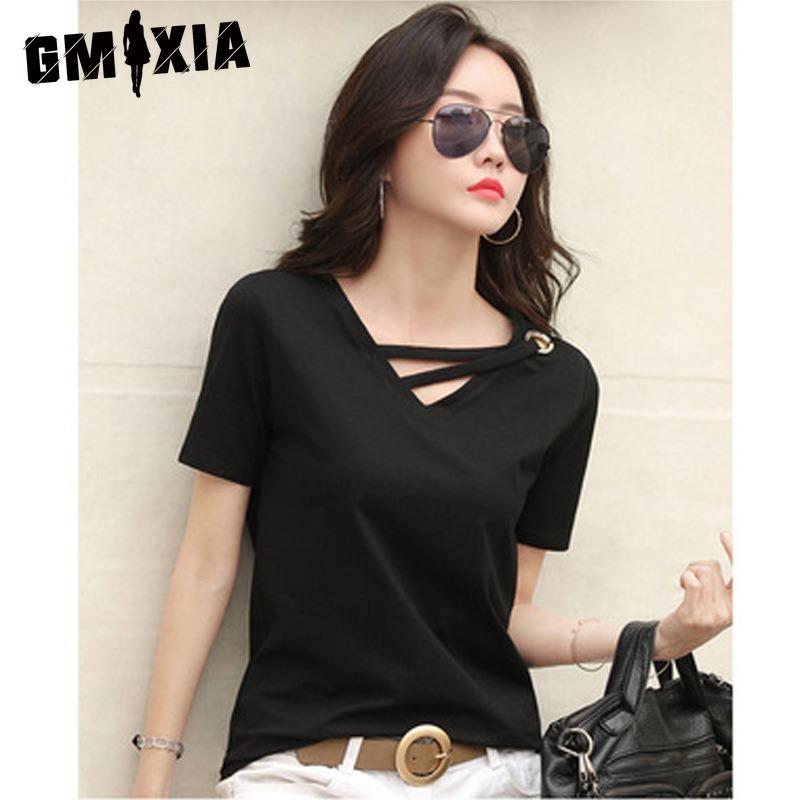 GMXIA Women's Fashion Casual Solid Color Print Short Sleeve V Neck Blouses & Shirts