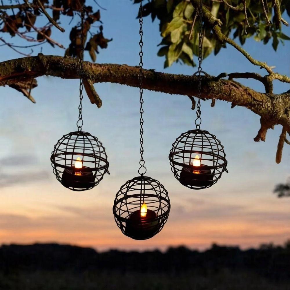 Flickering Lights Solar Hanging Lanterns Rust Iron Material Ball Cage Design Rust Iron Ball Candle Holder Solar Powered