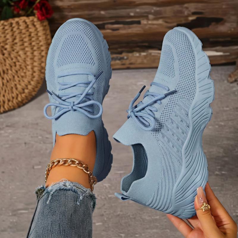 Women's Breathable Knit Mesh Casual Sports Shoes, Lightweight Solid Color European Style Footwear, Available In Large Sizes.