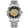 BINBOND Men's Automatic Mechanical Watch Skeleton Hollow Blue Dial Diamond Stainless Steel Waterproof Luxury Business Wristwatch