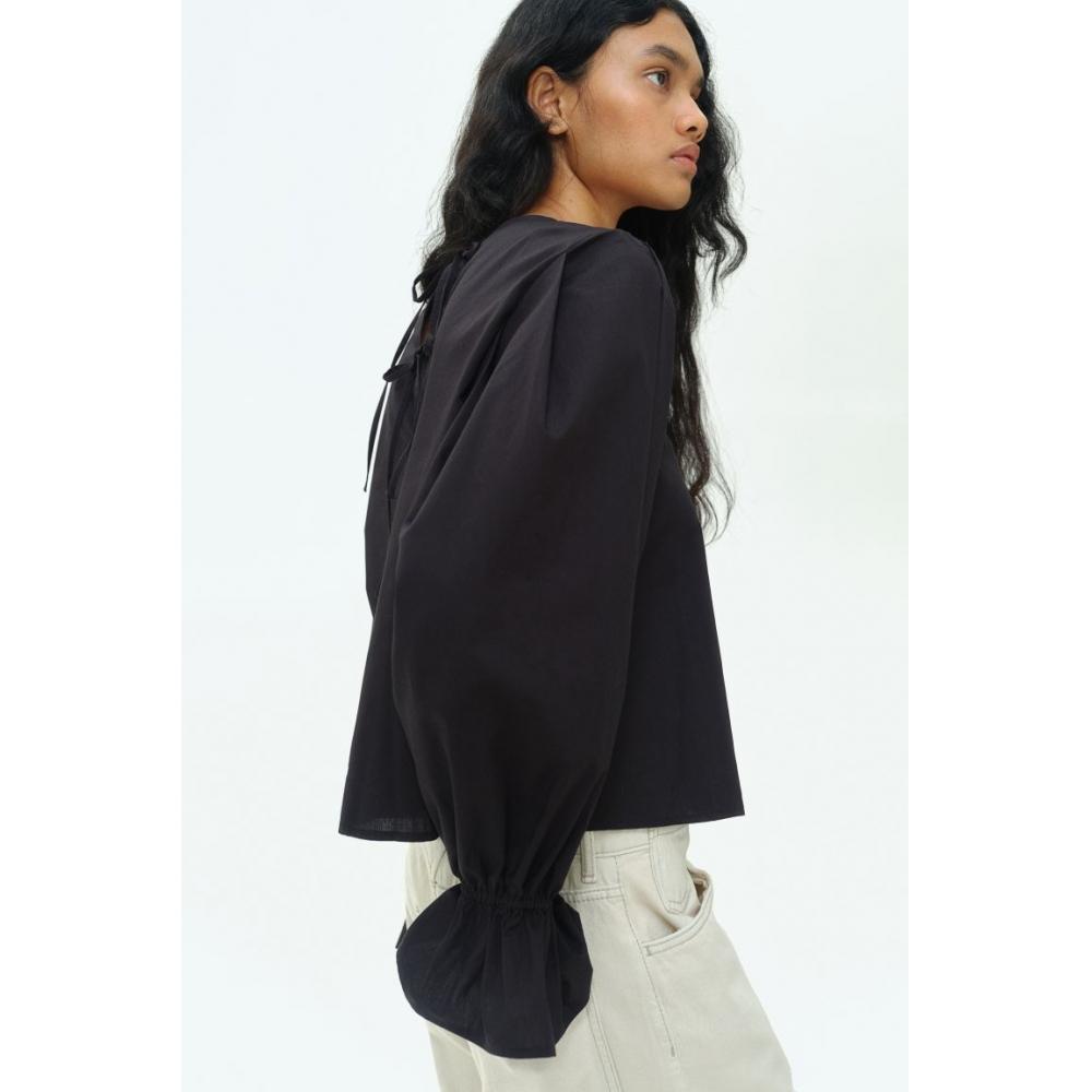 

H M Cotton Tie Hem Blouse Black