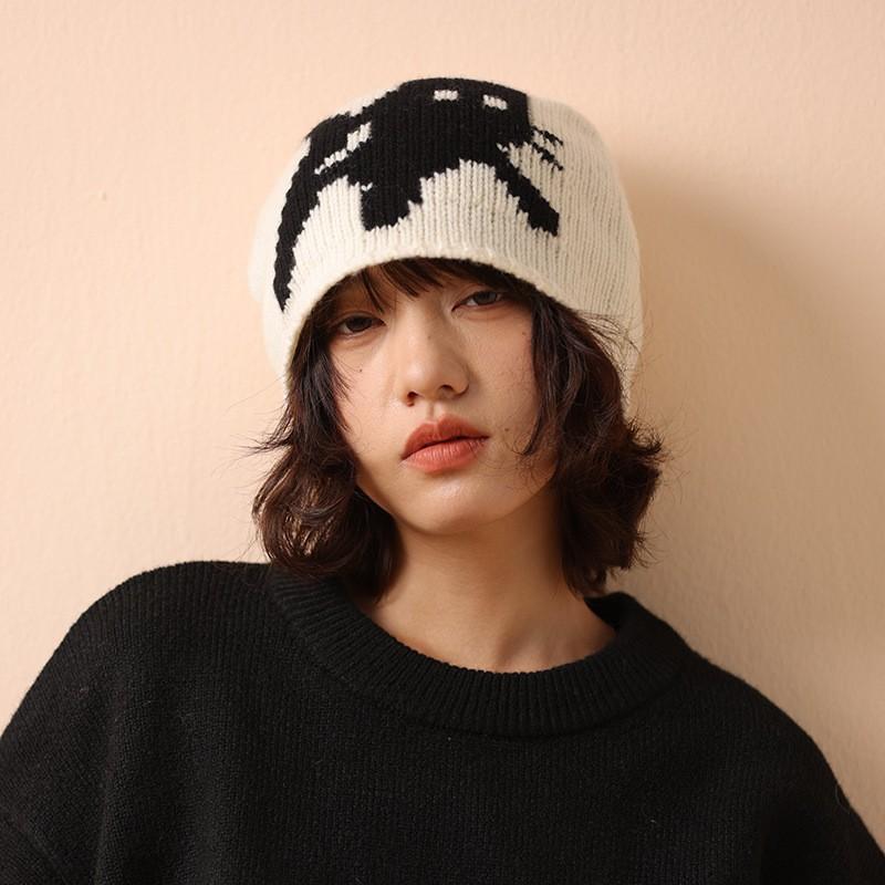 New Pure Wool Kitten Knitted Hat Women's Autumn and Winter Warm Fashion Versatile Casual Face Small Pullover Hat