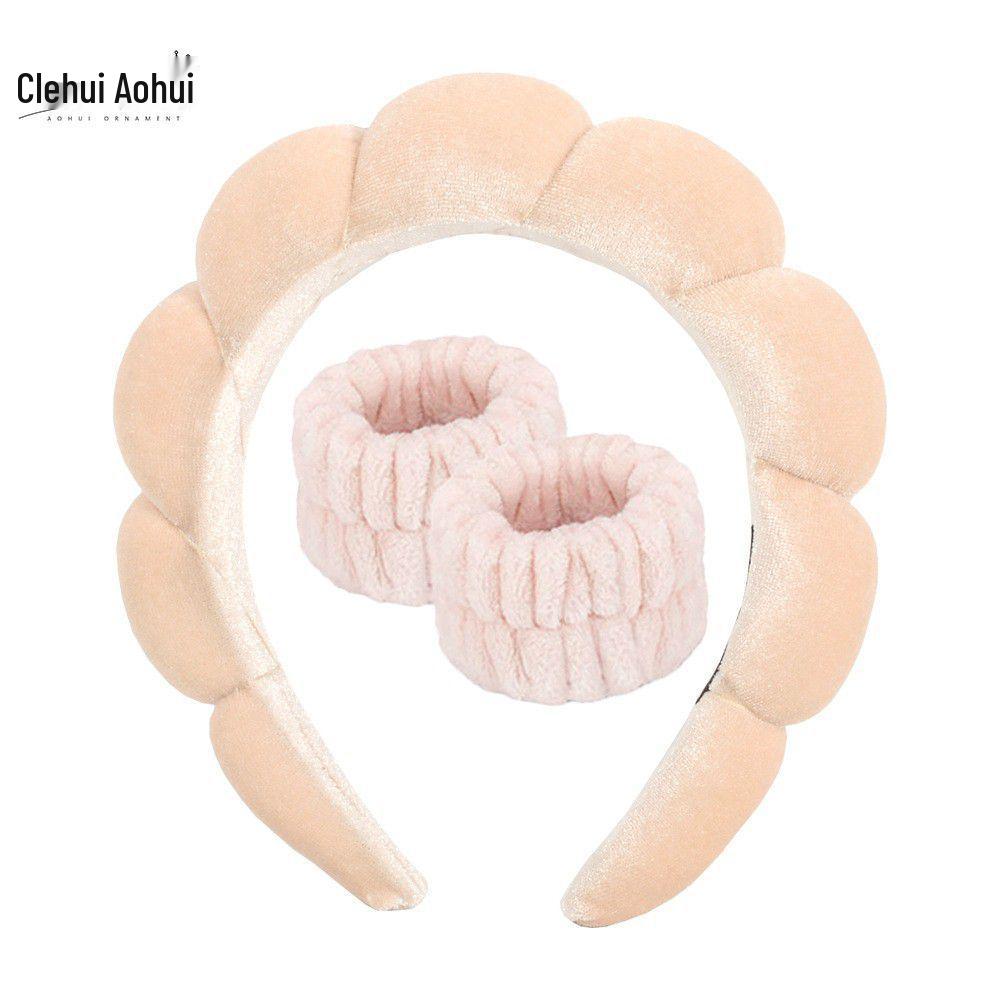 Gold Velvet Spa Headband & Wristband Set for Face Washing & Makeup