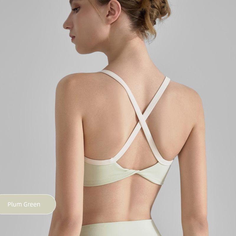 

Популярное спортивное нижнее белье на тонких бретелях контрастного цвета для женщин, летний короткий фитнес-бра с перекрещенной спинкой, ударопрочный жилет для йоги Green grass S