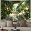 Tropischer Dschungel Wasserfall Wandteppich - Üppiger Grüner Garten Bach Wandbehang für Entspannende Wohnkultur