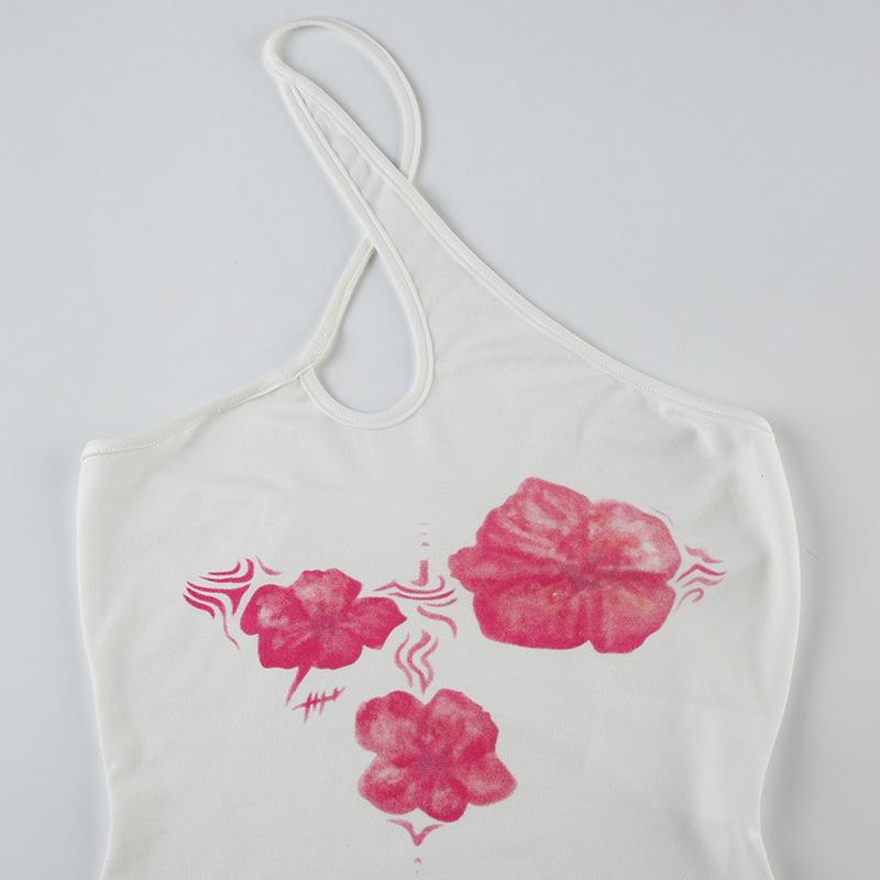 Asymmetrical Halter Crop Top y2k Floral Print Sleeveless White Tank Tops Women Basic Tees Vintage Sexy Camisole Harajuku