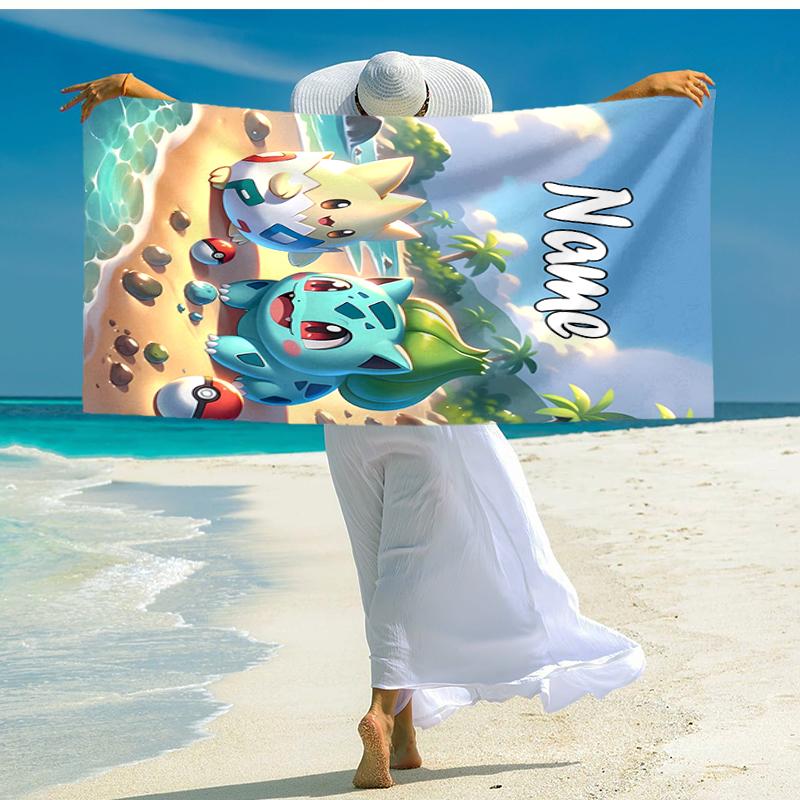 Personalized customized proof beach towel with Pokémon Bulbasaur pattern - soft, absorbent,quick-drying,perfect swimming,camping&bathing