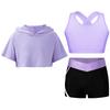 Kid Girls 3 Pieces Dance Outfit Gymnastics Hooded Crop Top Sleeveless Camisole and Shorts Set Tracksuit