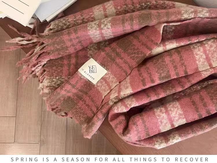 Korean Style Thick Pink Plaid Scarf for Women - Autumn/Winter Neck Warmer