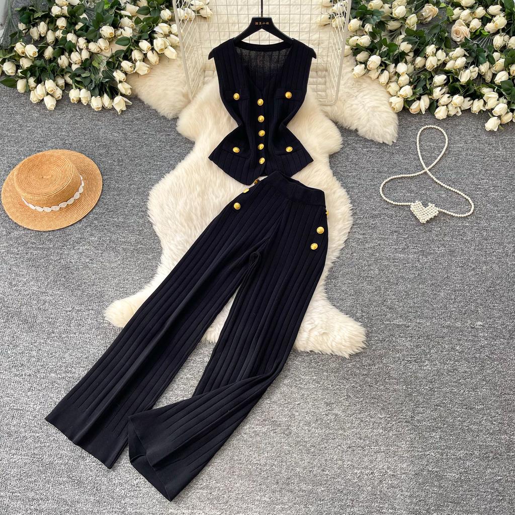 Casual Knitted Sweater Two Piece Sets for Women Metal-button V-neck Sleeveless Fitted Versatile Knit Top and Casual Pants Set