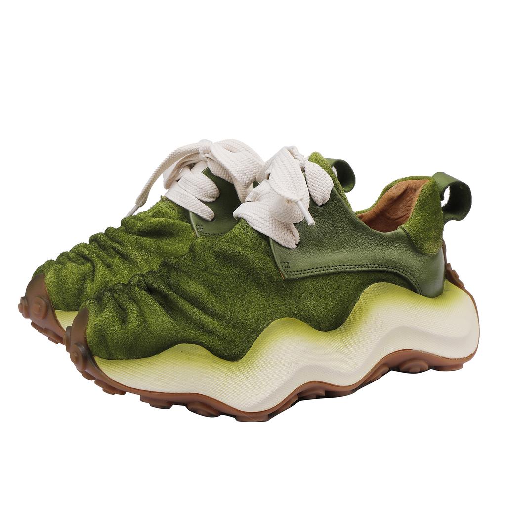 Johnature Chaussures pour femmes Cuir véritable Suede Épissage Semelle épaisse Style sportif Respirant Lacets Chaussures décontractées