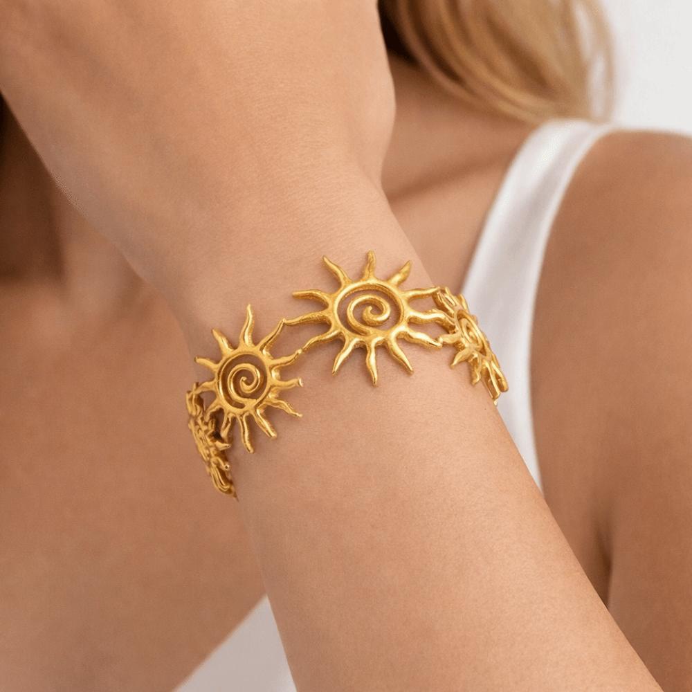 Bracelet spirale soleil couleur or style vintage, manchette élégante, jonc ouvert