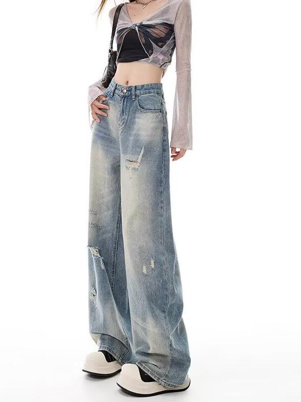 Women's High Waist Retro Ripped Jeans, 2024 Autumn/Winter Collection - Loose, Slimming Straight Wide-Leg Floor-Length Pants