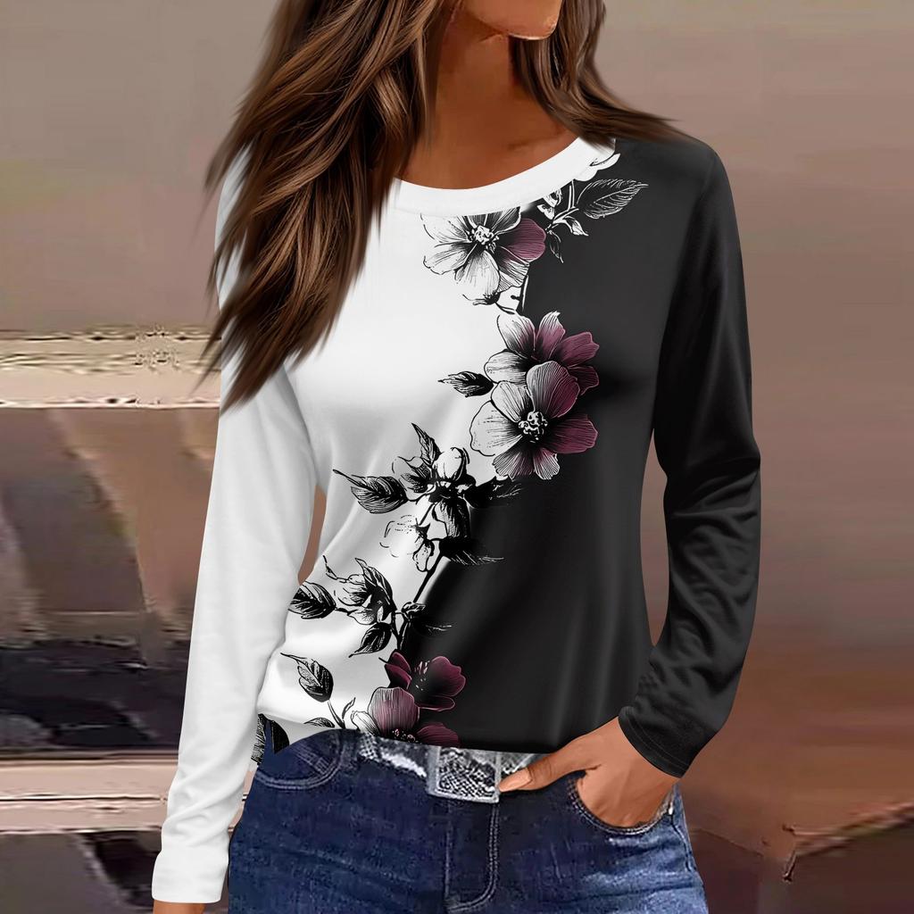 Dames casual T-shirt met split aan de zoom, ronde hals, lange mouwen en losse print.