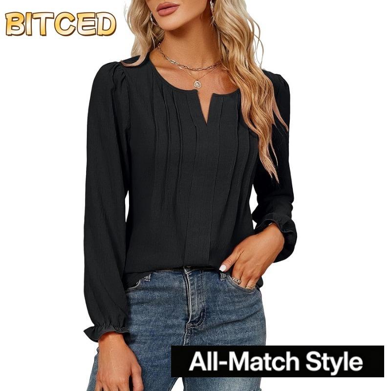 BITCED חולצות וחולצות עם צווארון V עם שרוולים ארוכים בהדפסת אופנת נשים קז'ואל בצבע אחיד