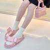 Sheepskin version~ Summer new bow-tie leather thick-bottomed one-word slippers for women's outer wear heightening half-drag high-heeled sandals