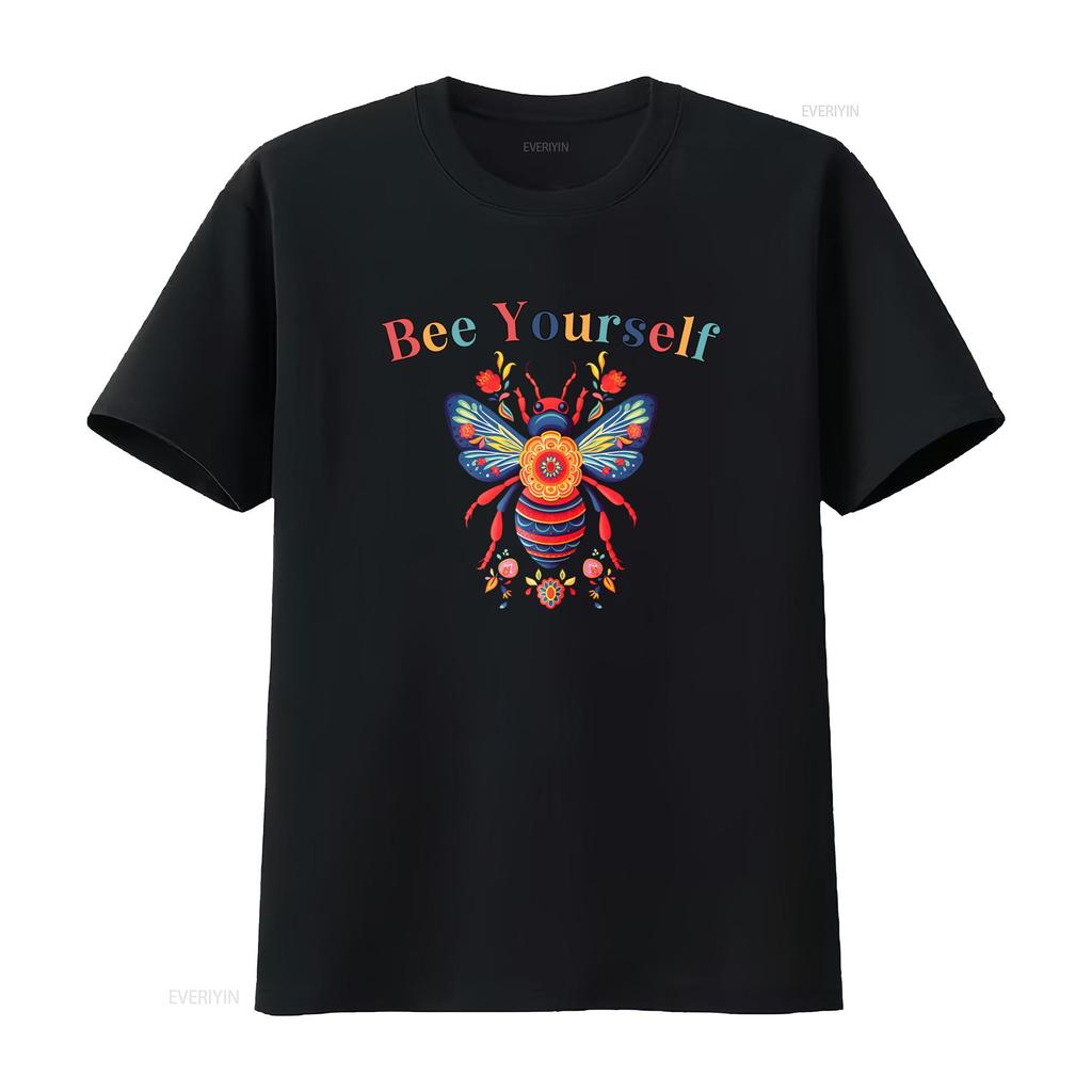 Folk Art Bohemian Bee Yourself Slogan Colorful Floral Print Casual T Shirt vintage Washed fashion Stylish Stretched
