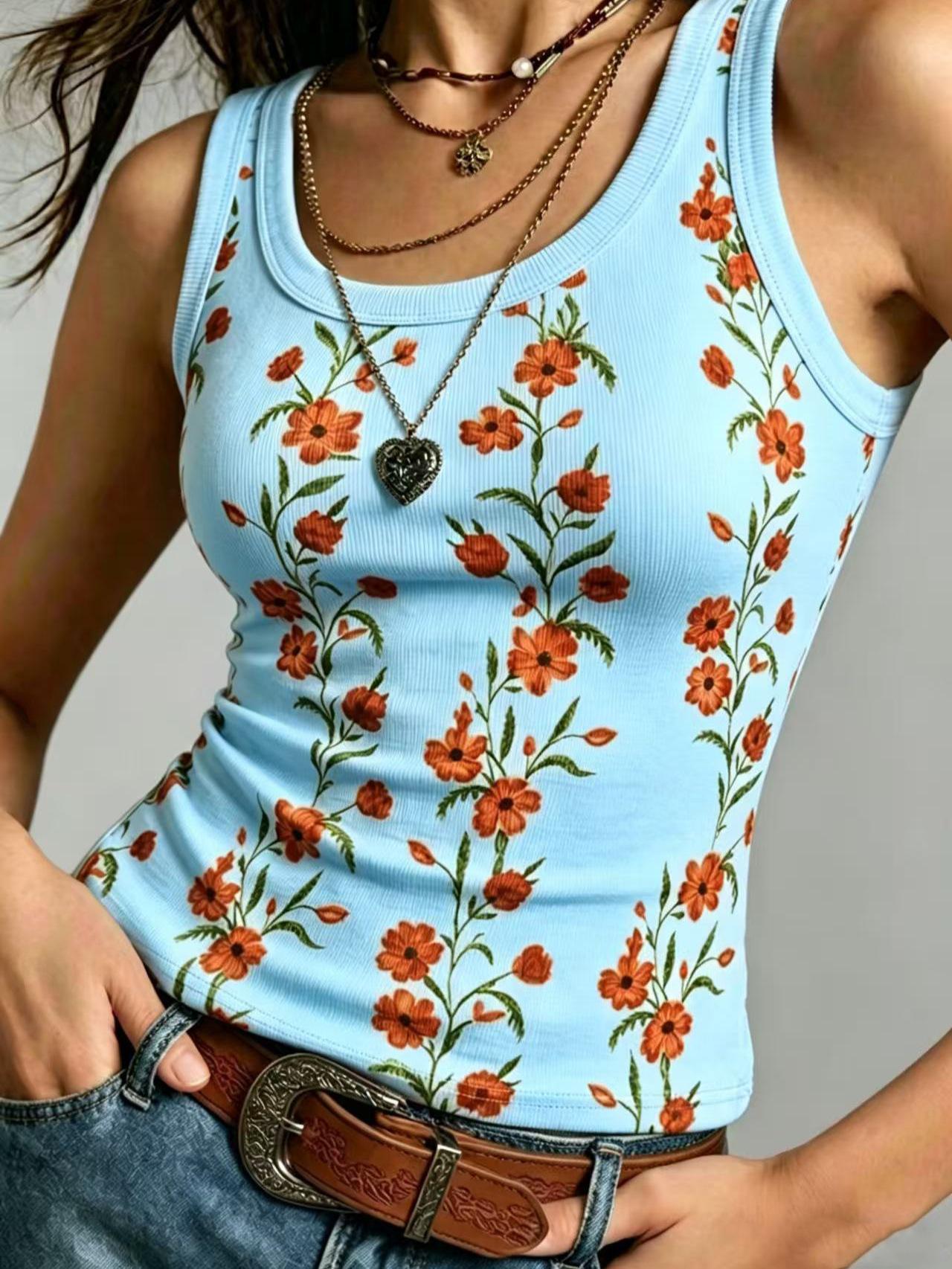 New Summer Floral Print Vest, European And American Style Women Casual Top S небесно-голубой
