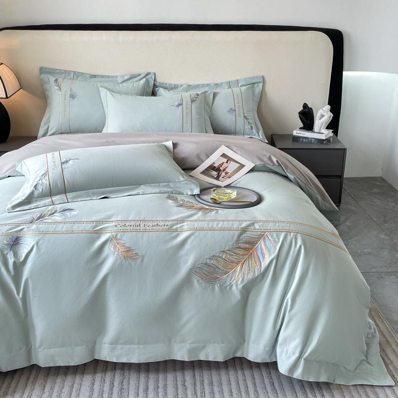 50 Cotton Polished Long-Staple Cotton Bed 4Pcs Set Feather Embroidery 100 Cotton Bed Sheet Quilt Cover