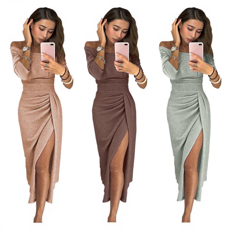 Dámské třpytivé večerní šaty na jedno rameno s rozparkem