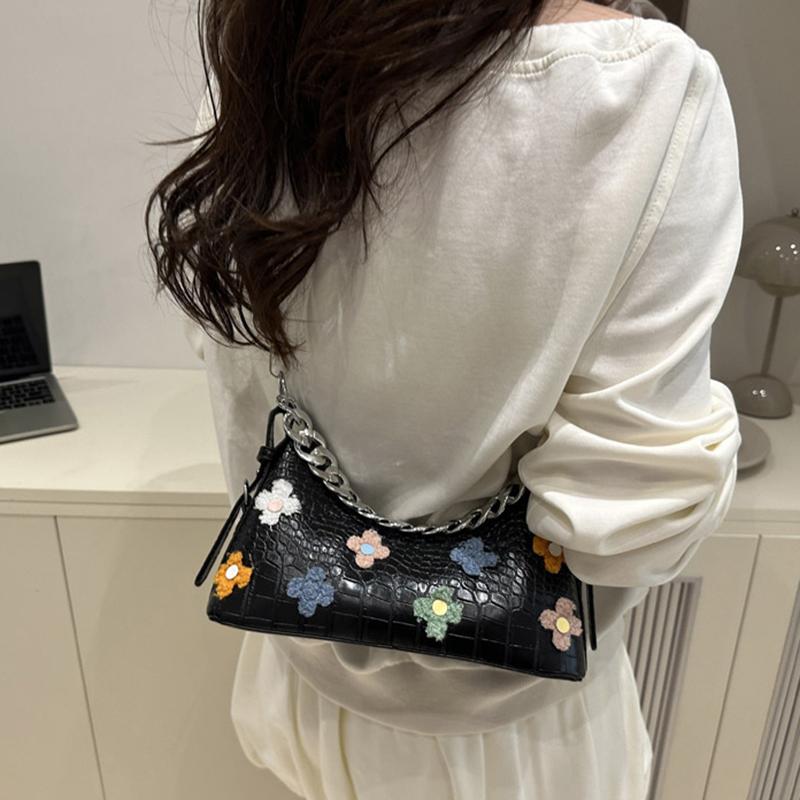 New Crocodile Pattern French Toast Bag Fashion Flower Embroidery Chain Shoulder Bag Women's Shoulder Cross-Body Bag AVE