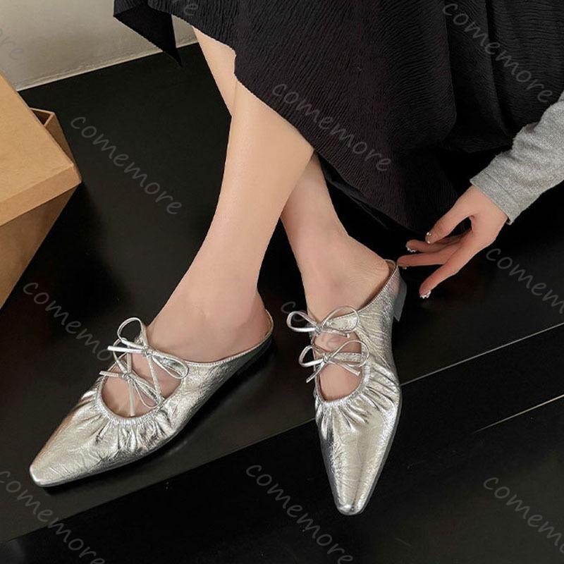 Fashion Comemore Baotou Half Slippers for Women Spring Summer Casual Mules Mary Jane Single Shoe Solid Flat Bottom Butterfly-knot Slides