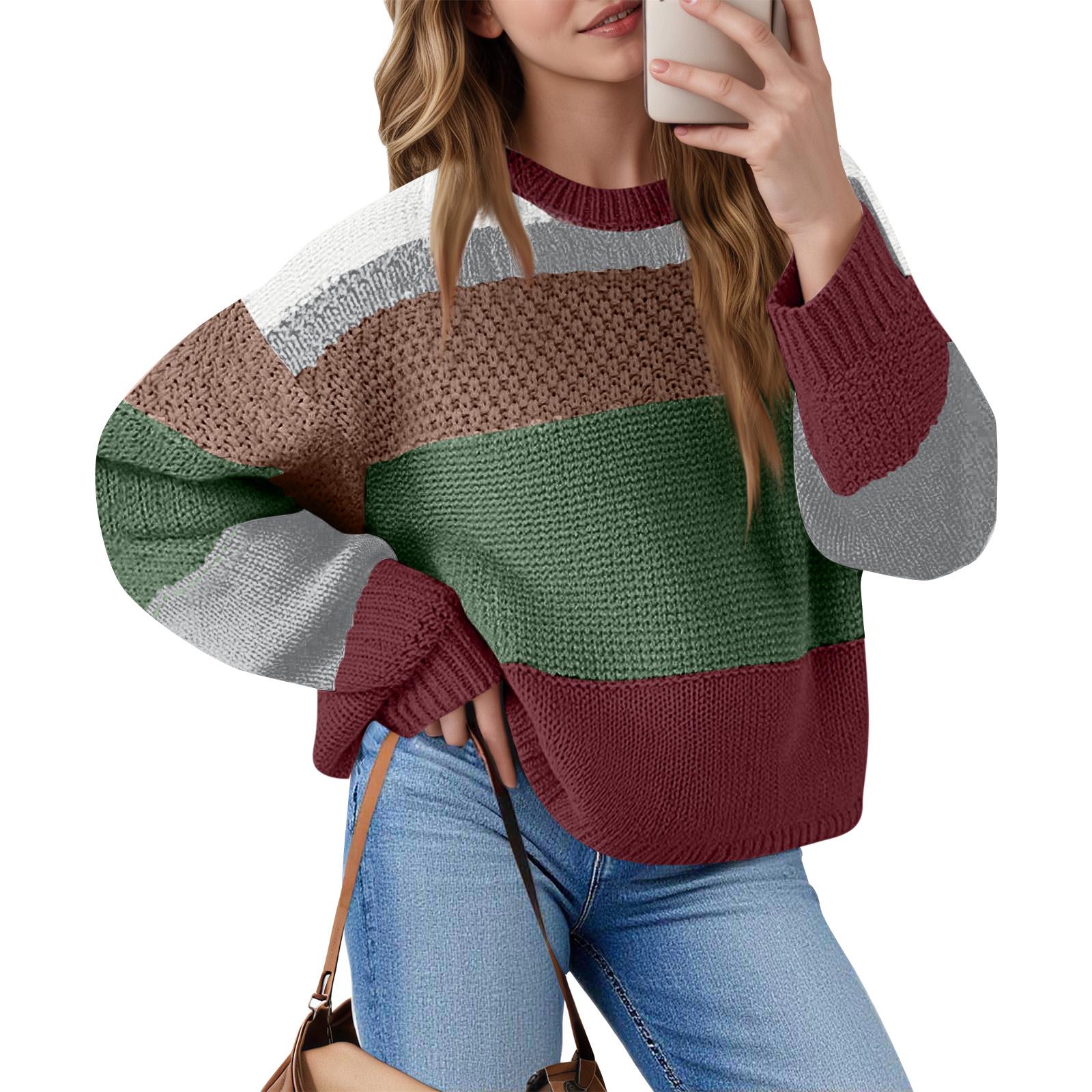 

Women s Color Block Cropped Sweaters Winter Trendy Casual Going Out Striped Pullover Tops L кофейный