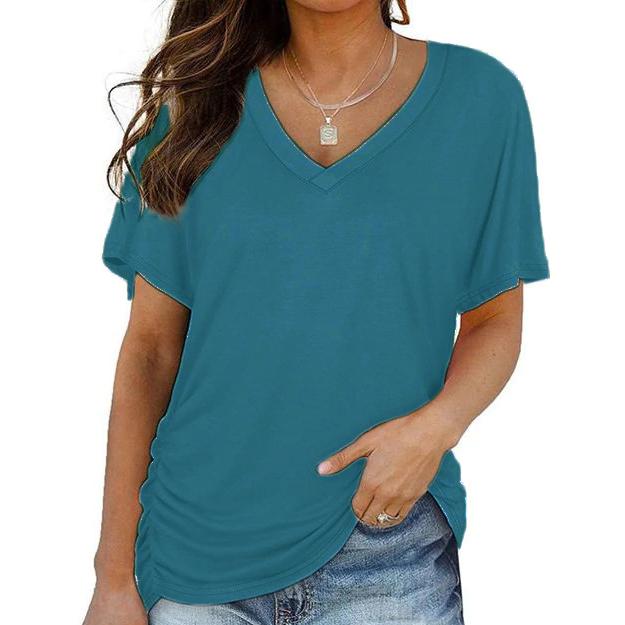 Topuri de vară cu decolteu în V Top lejer Culoare uni Tricou casual cu mânecă scurtă Îmbrăcăminte pentru femei