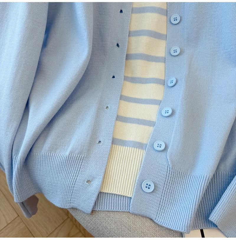 2026 Autumn Korean Style Two-Piece Knit Cardigan: Women's Round Neck Long Sleeve Striped Patchwork Sweater.