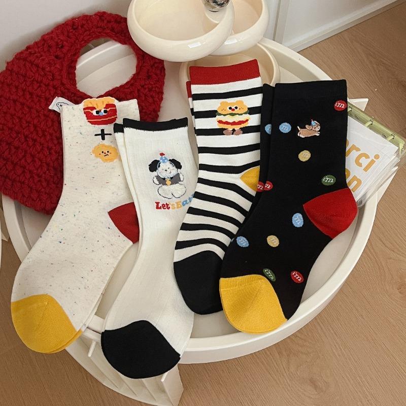 2 Pairs of Autumn and Winter Non-stretch Cotton Socks, Children's Combed Cotton Potato Chip Hamburger Dog Mid-calf Student Socks