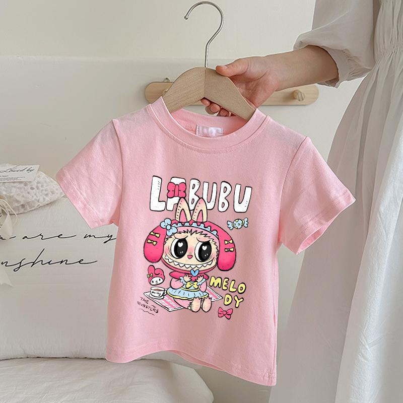 Labubu Children's Pink T-shirt Cartoon Anime Summer Short Sleeved Girl Fashion Cute Top