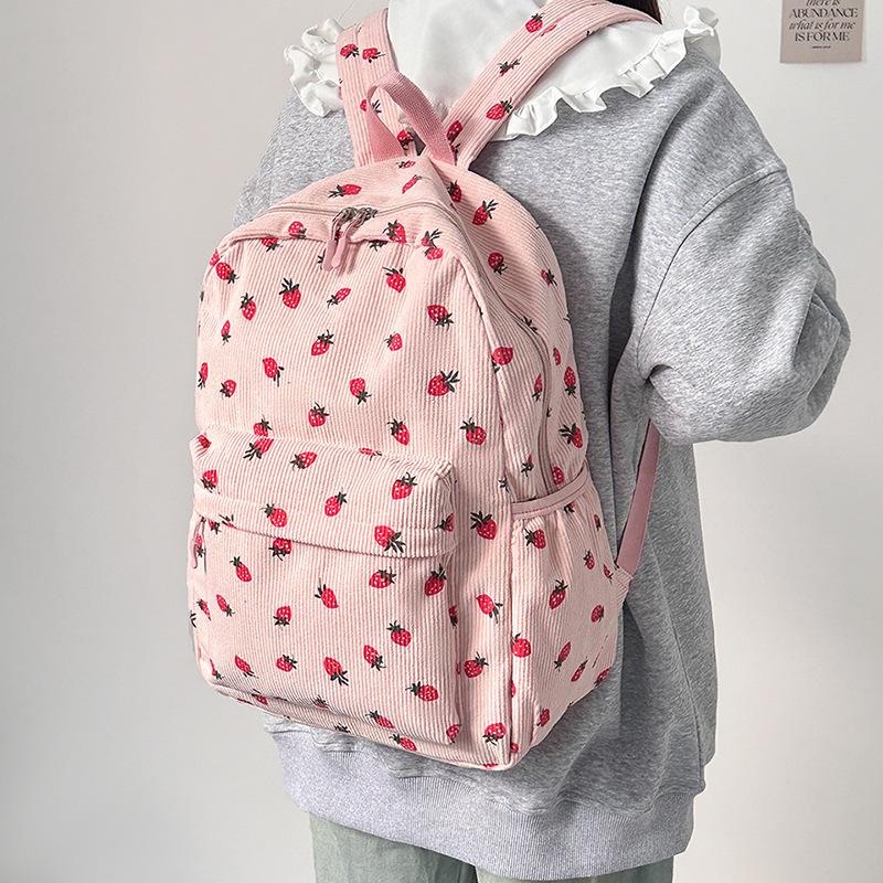 Schoolbag Korean version college student corduroy cute strawberry backpack sweet hipster travel small backpack