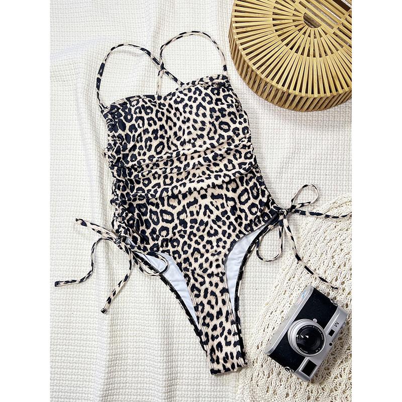 

Сексуальный леопардовый слитный купальник, купальник, женский купальник-бандо, купальный костюм, перекрещенные бретели на спине, пляжная одежда L коричневый