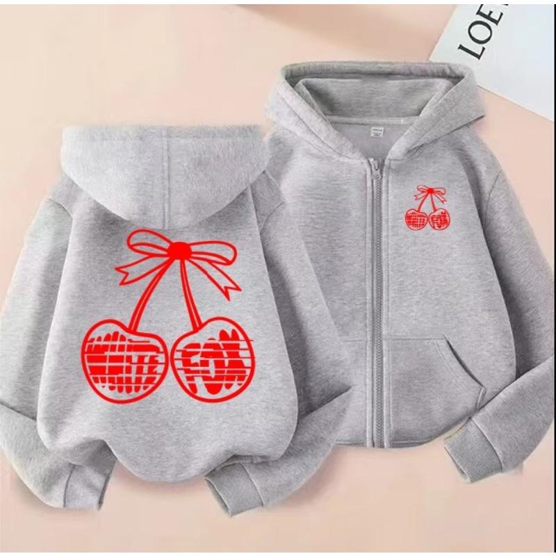 Cherry Print Zipper Hooded Women's Spring and Autumn Loose Back Large Pattern Cardigan Sweatshirt