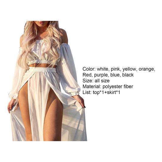 2Pcs/Set Swimwear Cover Up Solid Color Off Shoulder Waist-exposed Wear-resistant Beach Skirt for