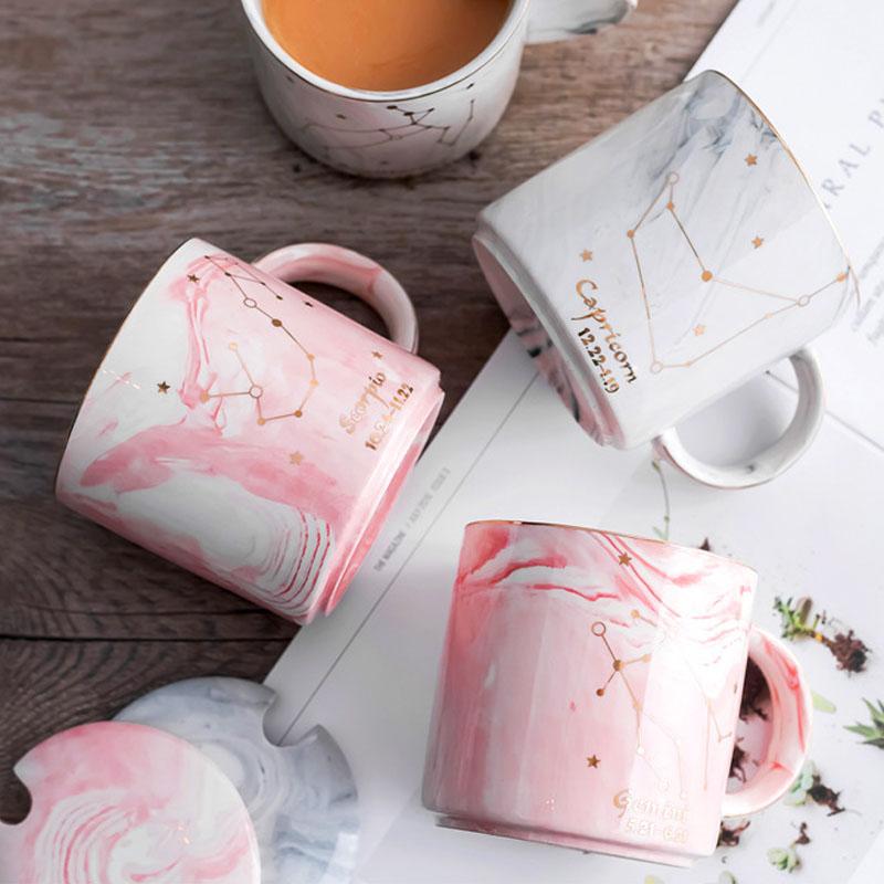 400ML Twelve Constellation Marble Cup with Cover Long Spoon Ceramic Party Tableware Set Porcelain Breakfast Coffee Mug Cup
