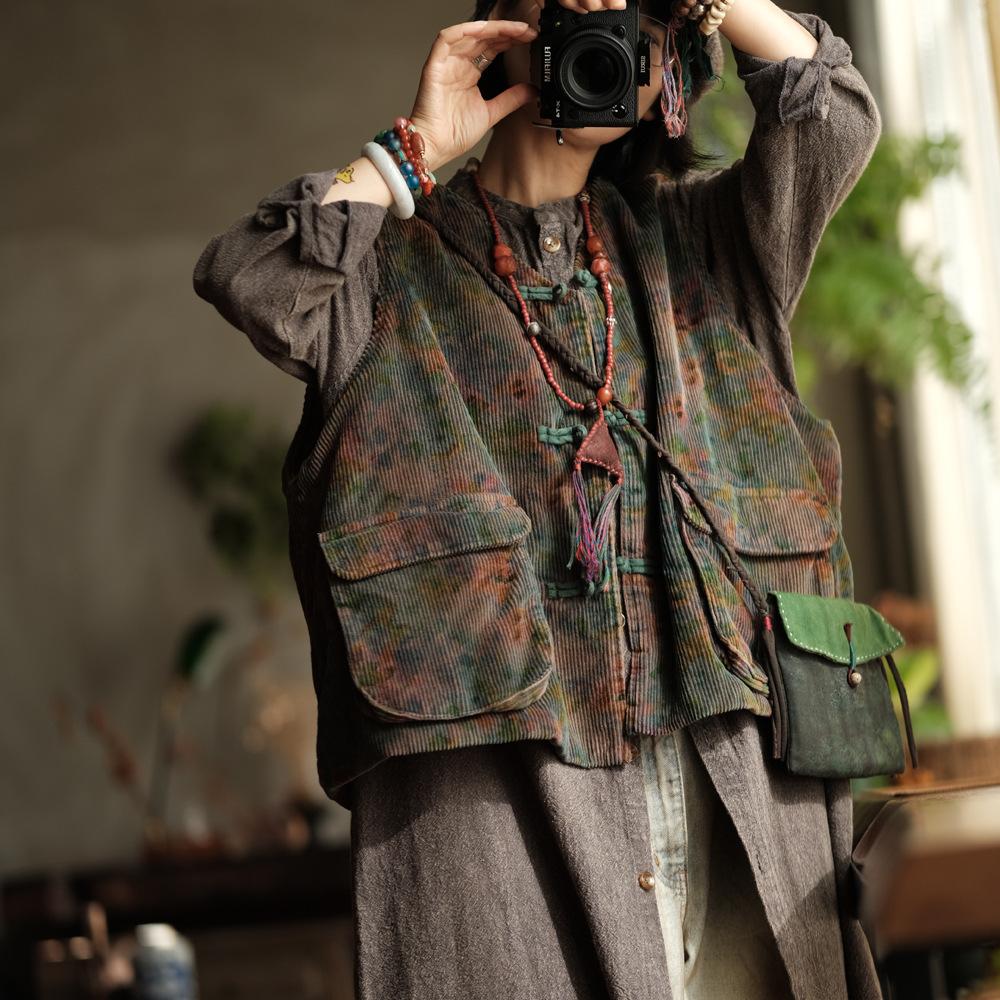 Johnature Vintage Women Coats V-Neck Sleeveless Print Floral Button Patchwork Pockets Autumn Coats