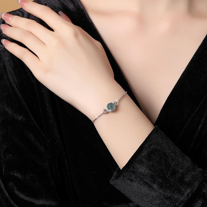 Ping An buckle sterling silver s925 bracelet, natural blue water jadeite retro exquisite temperament, new jewelry women's daily jewelry gifts