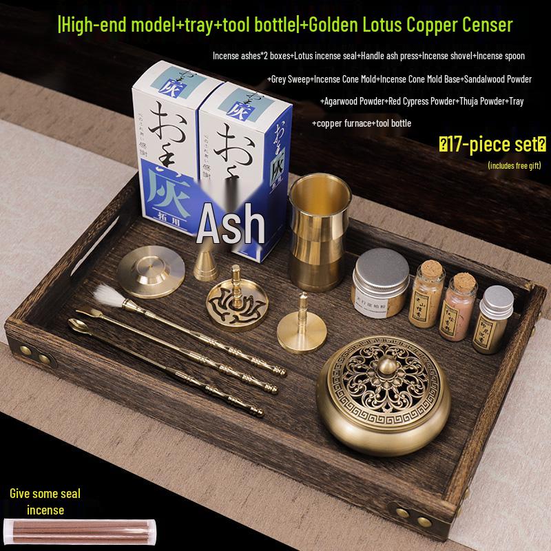 Kodo Set: Brass Ash Press Incense Burner & Pure Incense Powder with Dazuan Seal Mold for Home Use