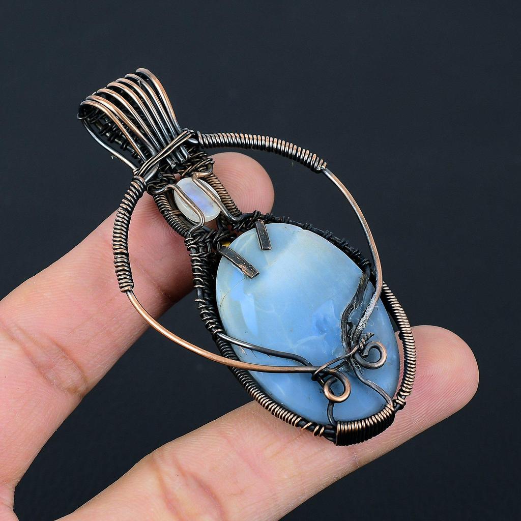 Owyhee Opal & Moonstone Gemstone Handmade Copper Wire Wrap Jewelry Gorgeous Pendant For Love
