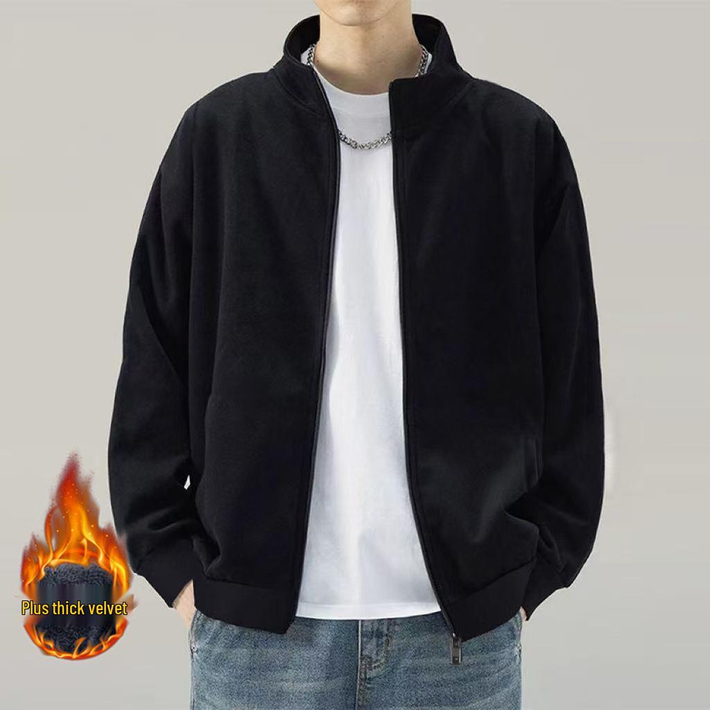 Men's Retro Stand Collar Zipper Cardigan Hoodie - American Style, Spring/Autumn, High-End, Wear-Resistant Jacket