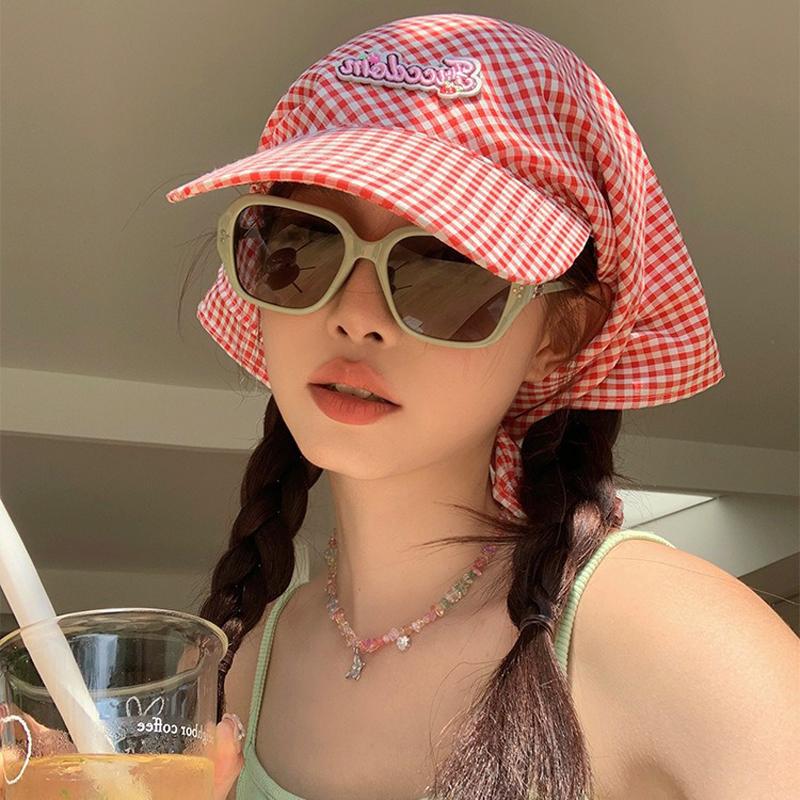 Women's Sunshade Hats Plaid Simple Sweet Personality Fashion Trendy Korean Style Versatile Headwears Outdoor Beach Head Scarfs