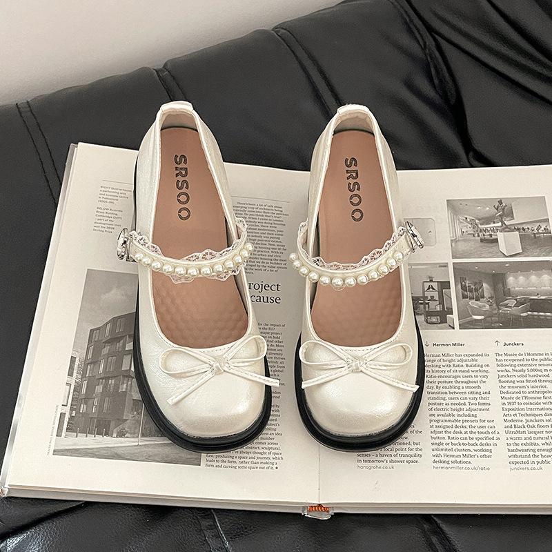 French bow pearl one-word small leather shoes women's 2025 new high heels women's shoes thick sole heightened thick heel single shoes