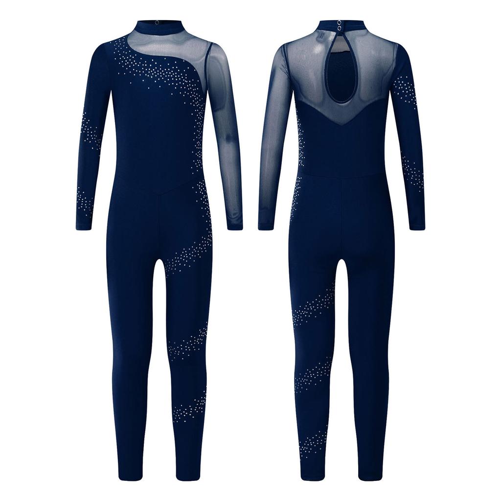 Jenter Glitrende Rhinestone Mesh Gymnastikk Jumpsuit Langermet Gjennomsiktig Lappverk Nøkkelhullrygg Kunstløp Dans Bodysuit