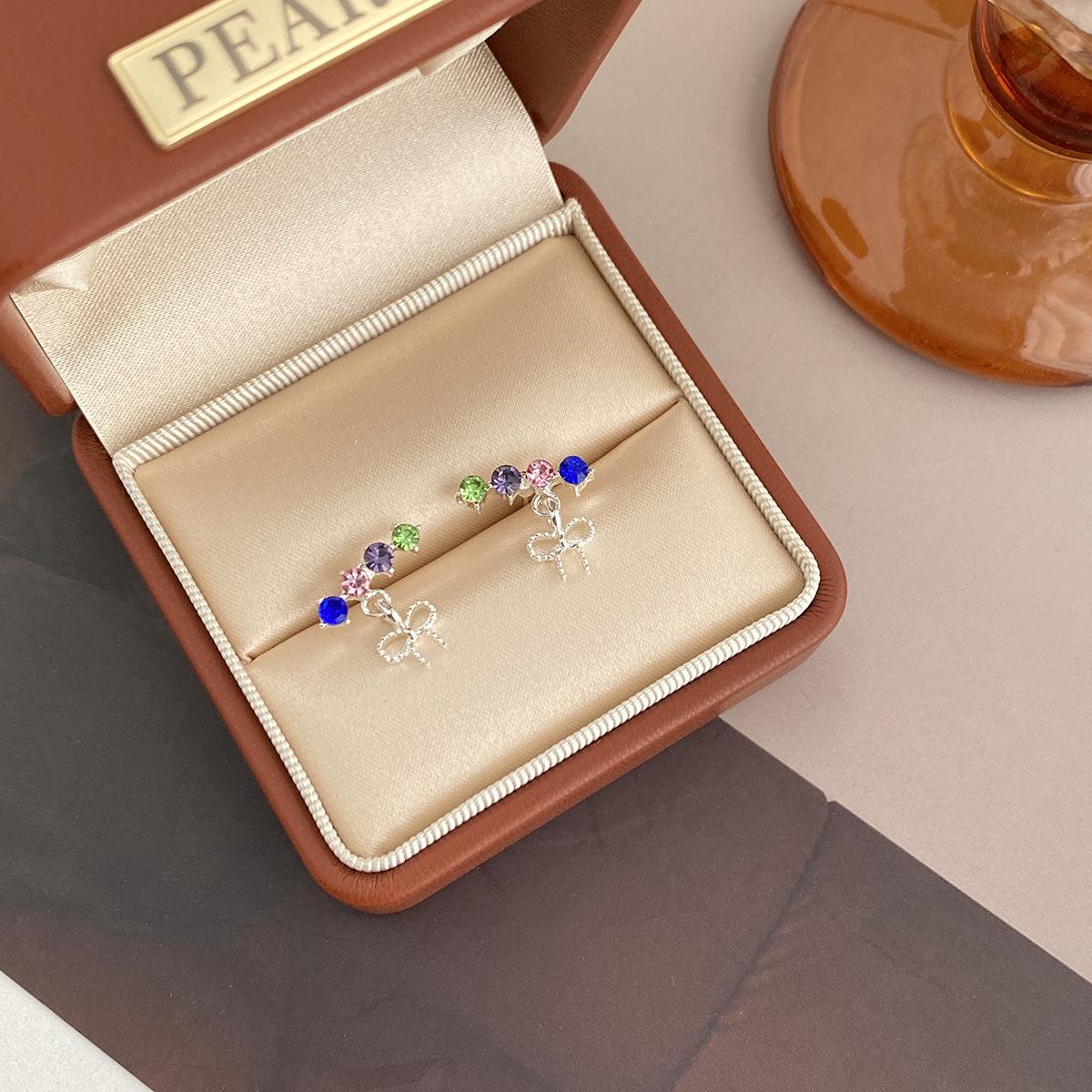 Korean Sweet Dopamine Colored Diamond-Encrusted Bow Stud Earrings For Women S Niche Small Ear Jewelry For Women