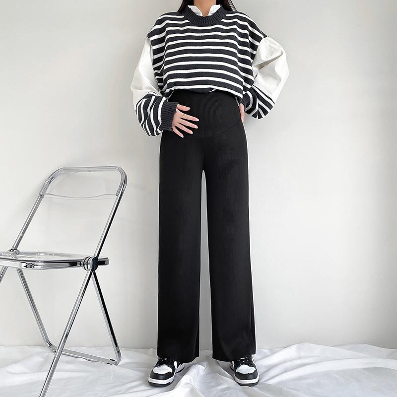 Real Maternity Pants Autumn Fashion High Waist Thickened Knitted Wide-leg Pants Outer Wear Maternity Straight Pants Belly Pants Women's Tide