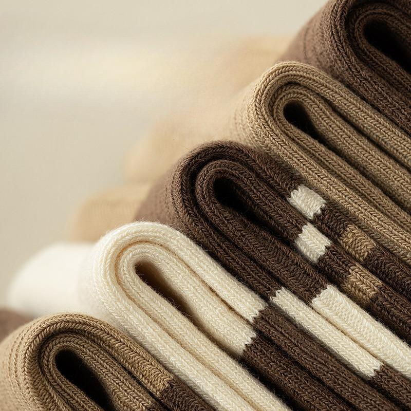 5 Pairs of Mid-calf Socks, Women's Autumn and Winter Double-needle Cotton Socks, Striped Women's Combed Cotton Pile Socks