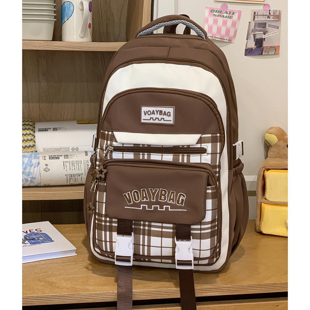 Schoolbag Korean Version Contrasting Color Plaid Backpack Female Student Schoolbag Large Capacity Lightweight Casual Backpack High Value Trend