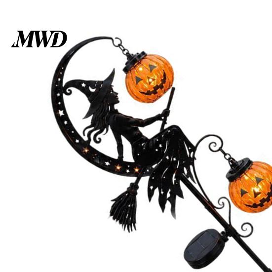 Wetterfeste Herbst-Gartenstecker Halloween Solare Gartensteckerleuchte, Hexe Kürbis Mondlaterne, Metall für Herbst IP44 Wasserdicht Außen Dekoration