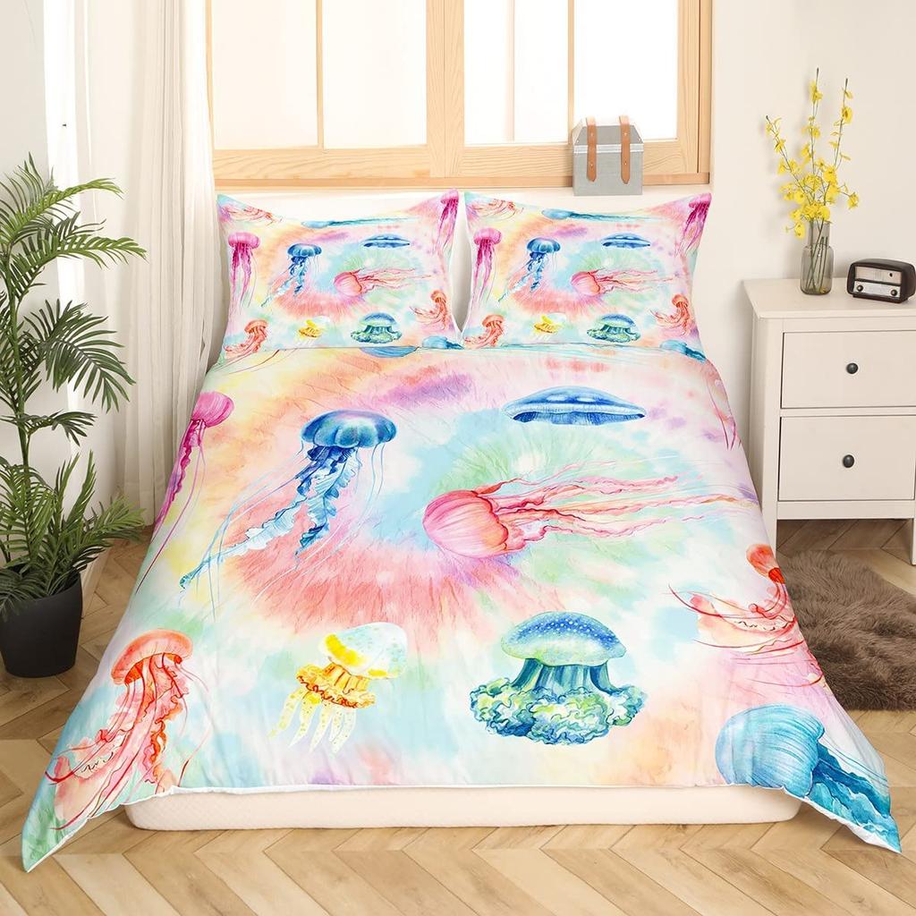 Jellyfish Bedding Set Queen,Ocean Nautical Comforter Cover for Kids Boys Girls,Hawaii Beach Duvet Cover Teens Cute Sea Animal